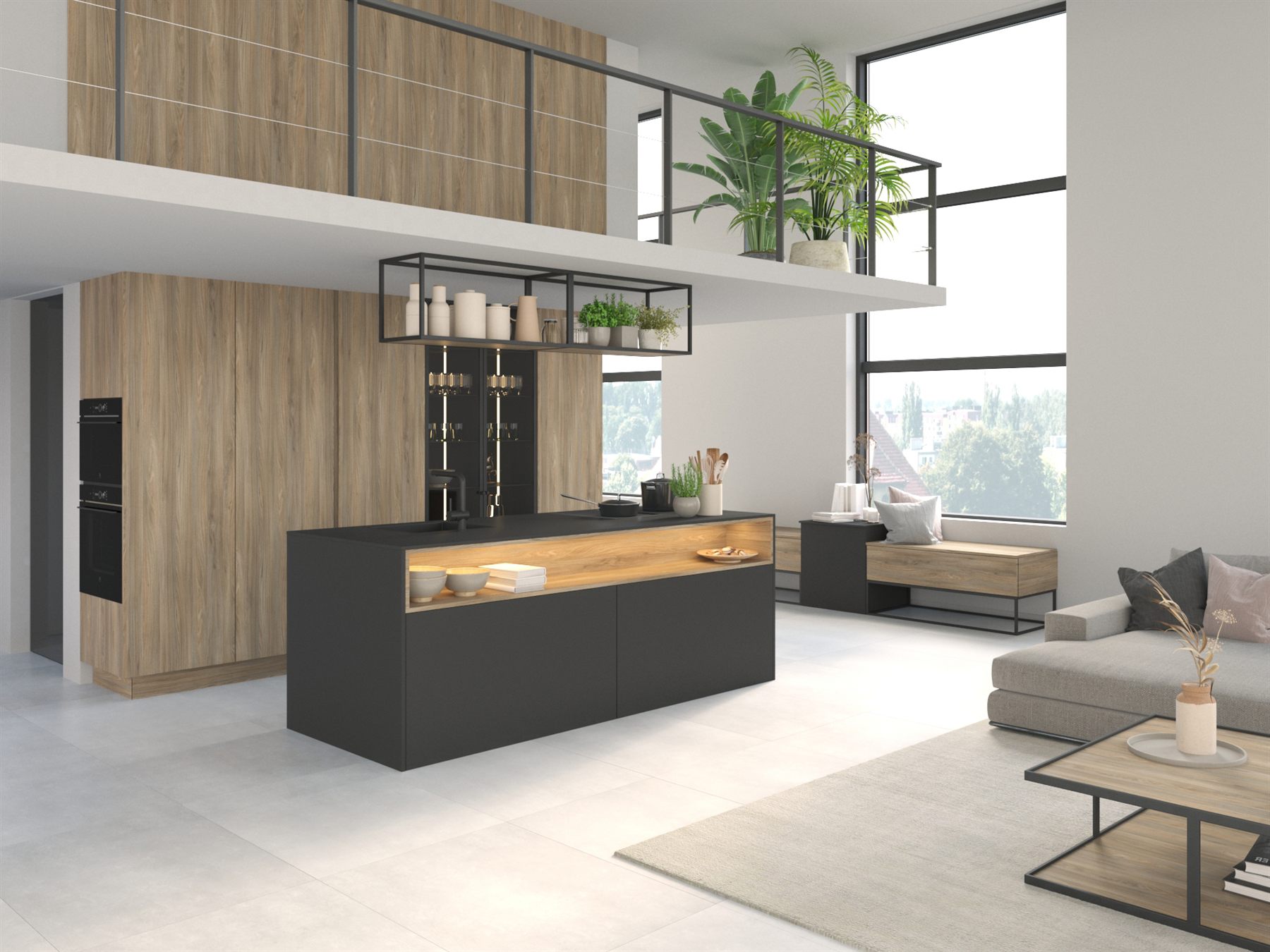 Render 3D de cocina Schröder Küchen, diseño loft industrial
